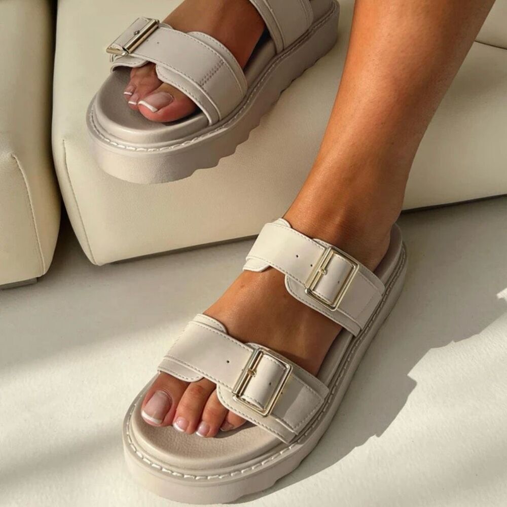 PRINCESS POLLY‎ | Cream Beige Ma Belle Slide on Buckle Sandals Vegan | Size 7
